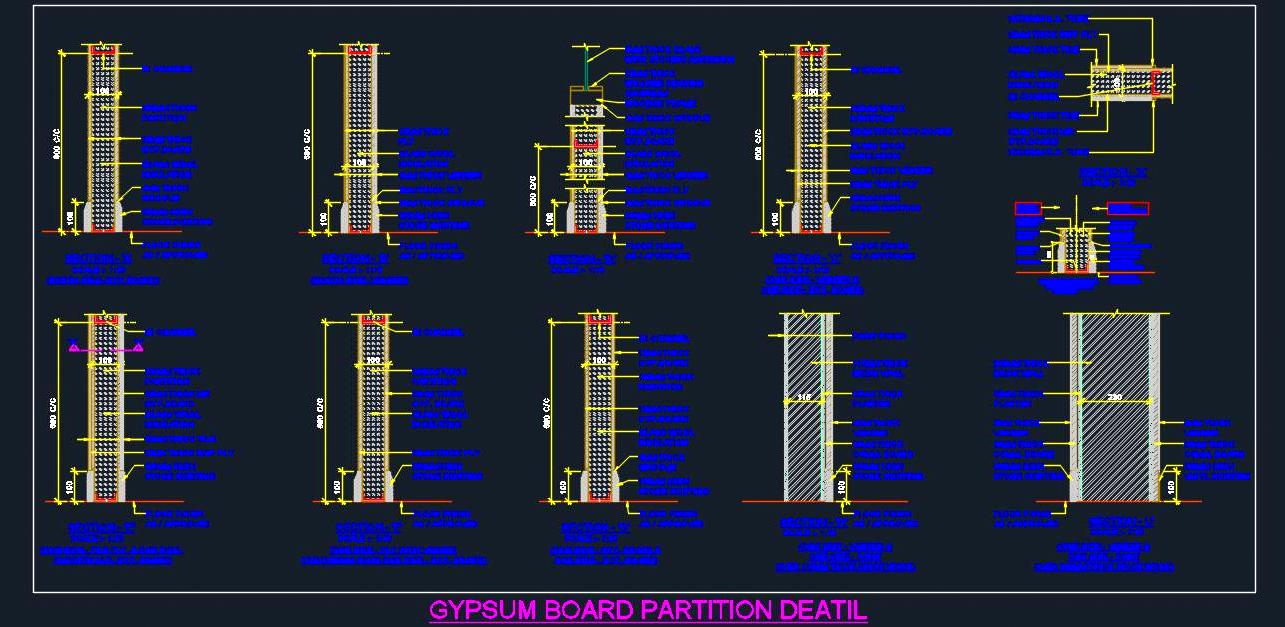 Gypsum Board Partition DWG- Construction Details & Finishing Options